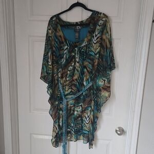 Bisou Bisou Teal and Patterned Dress With Beaded Belt Size 14
